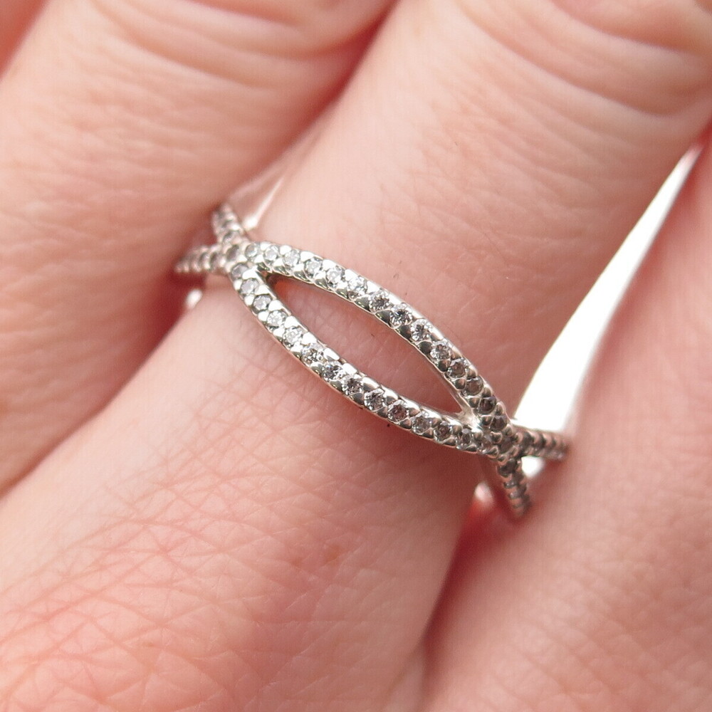Pandora 925 Sterling Silver Round-Cut C Z Crossed Paths Ring Size 8.25